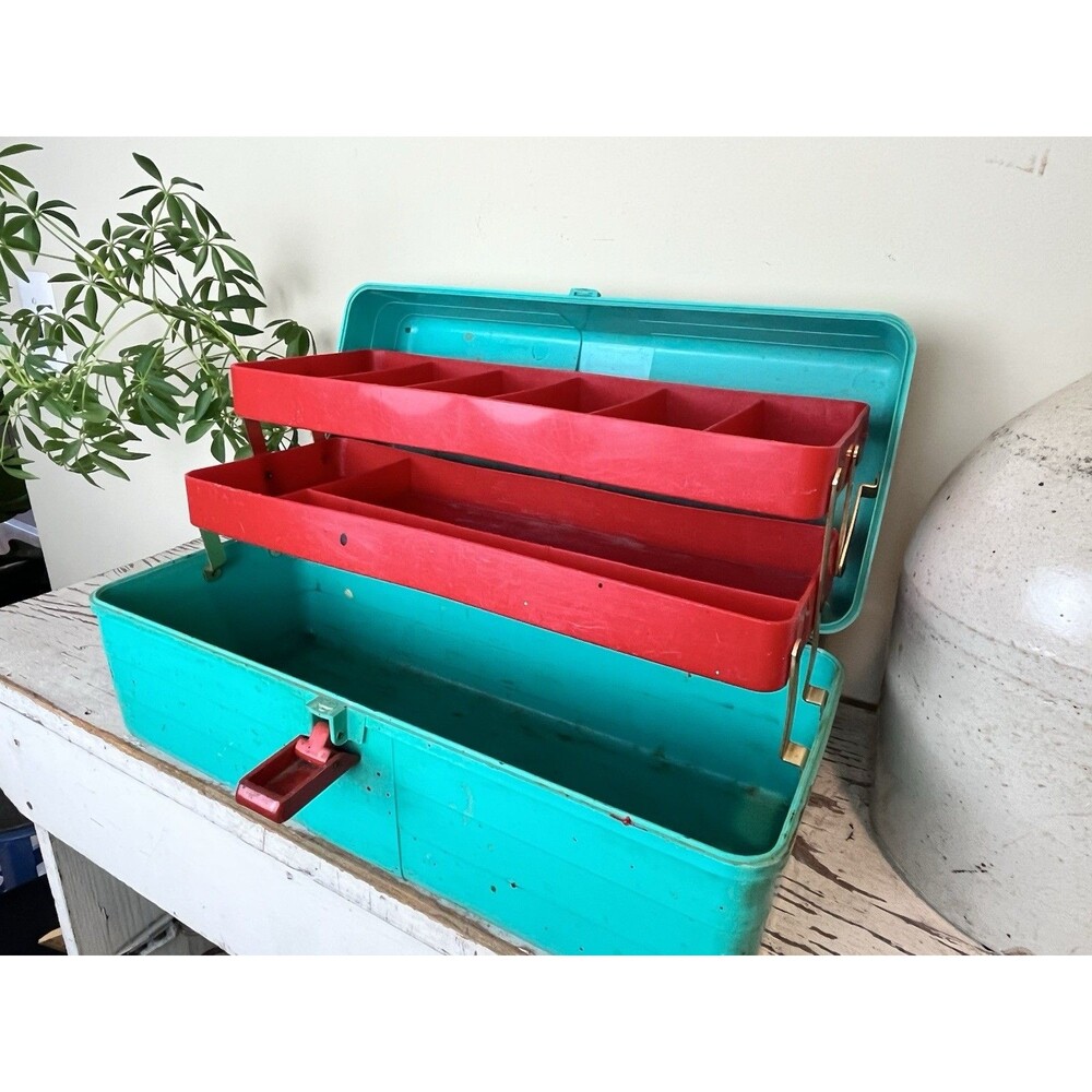 Vintage Aqua Blue & Red Drawers My Buddy No 852 Fishing Tackle Box Toolbox USA